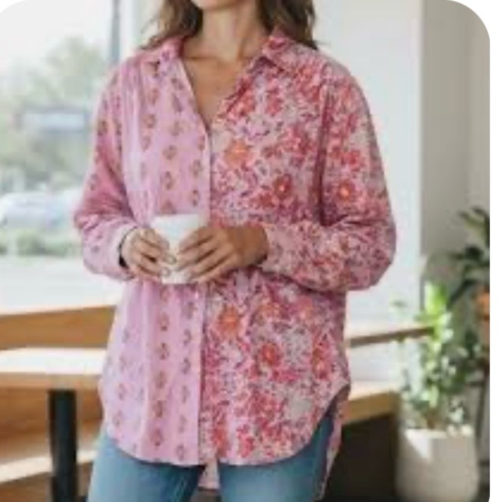 Knox Rose Floral Long Button Up Top Boho Shirt Size XL Cover Up Tunic Resort